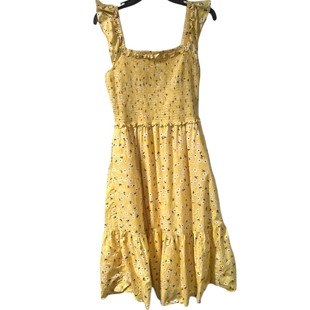 Kate Spade Yellow Floral Midi Fleurette Toss Smocked Dress Cottage Spring Size L